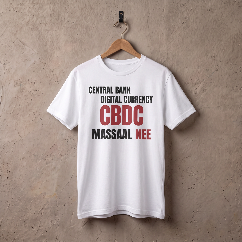 Wit t-shirt CBDC, Massaal NEE aan een houten hanger tegen een stucwerk muur