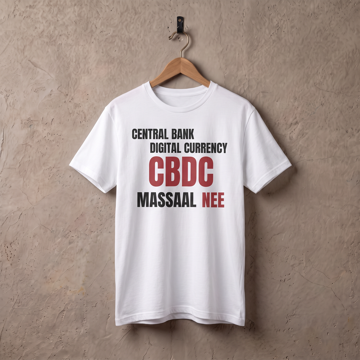 Wit t-shirt CBDC, Massaal NEE aan een houten hanger tegen een stucwerk muur