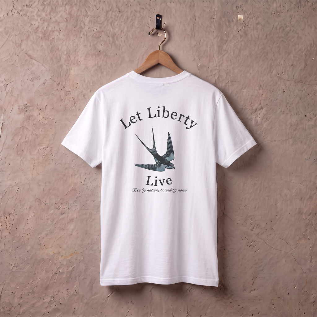 Achterkant wit t-shirt Let Liberty Live Swallow met grote zwaluw aan een houten hanger tegen een stucwerk muur
